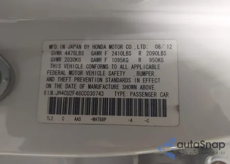 2012 Acura Tsx 2.4 from USA, damaged, VIN JH4CU2F46CC030743